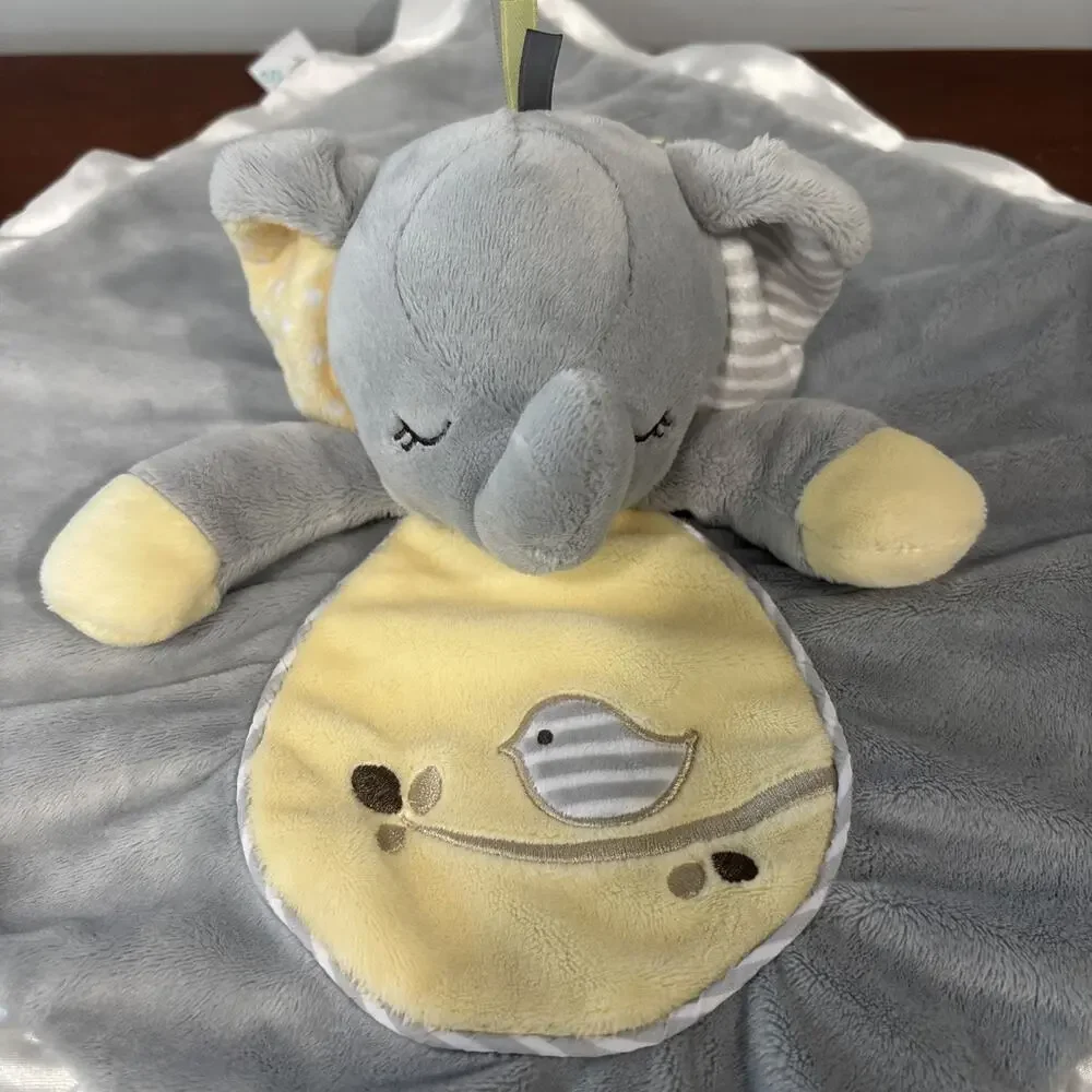 Douglas Baby Gray Elephant Yellow Bird Lovey Security Blanket Plush Satin 14.5”